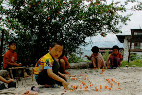 花を並べて遊ぶ子供たち