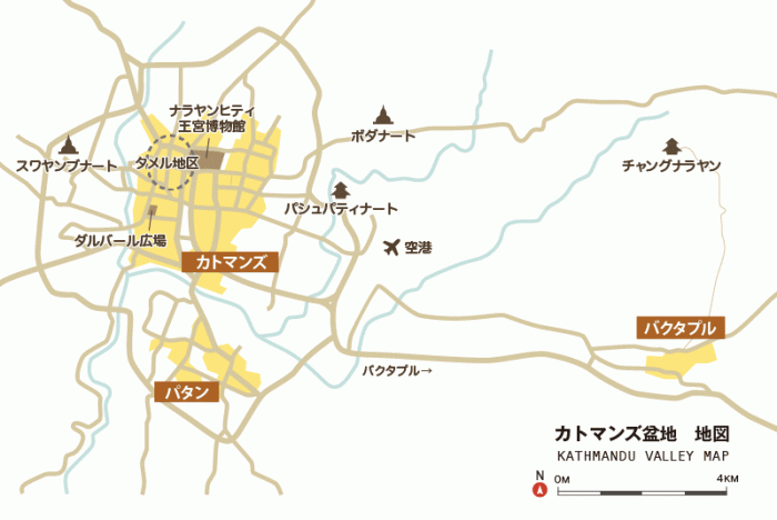 カトマンズ盆地　古都の位置図