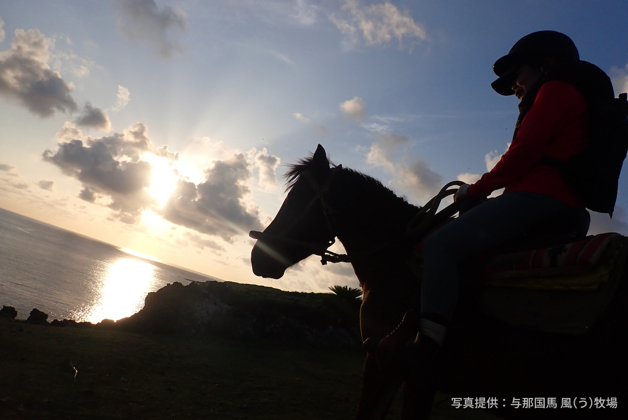 日本最後の夕日を馬と一緒に眺める