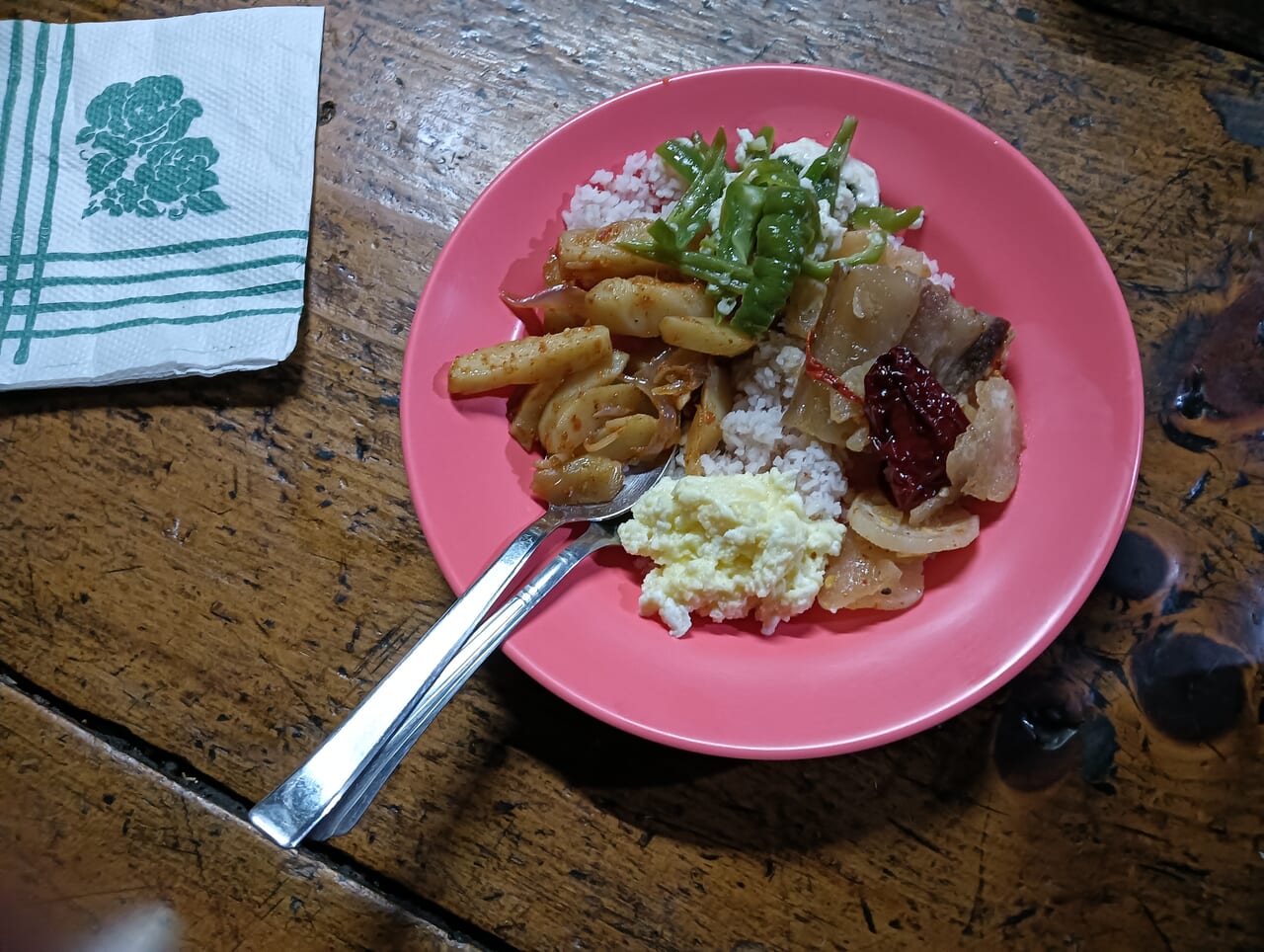 鍋からお米やおかずを取って、お皿に盛りつけます。