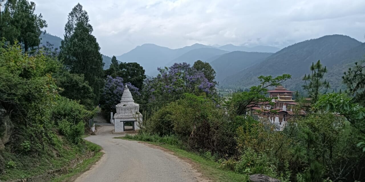 左の白い仏塔は、門のようにくぐります。右の木立の中にプナカ・ゾンが見えてきました。