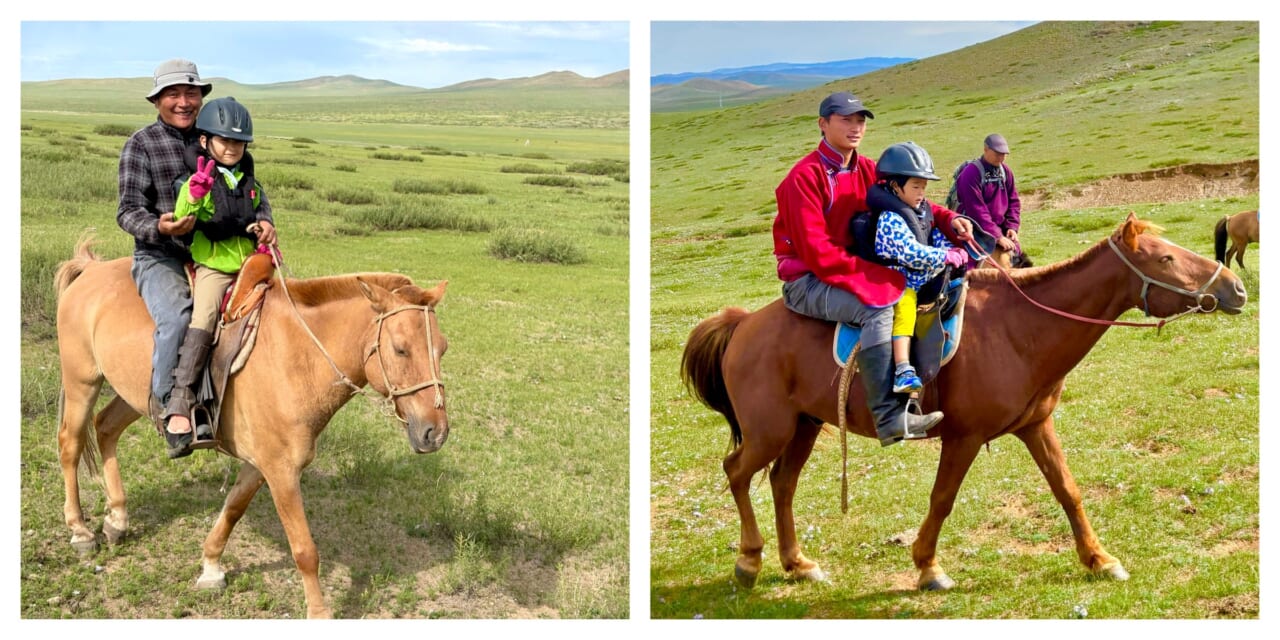 小さなお子様はモンゴル人スタッフと一緒に乗馬