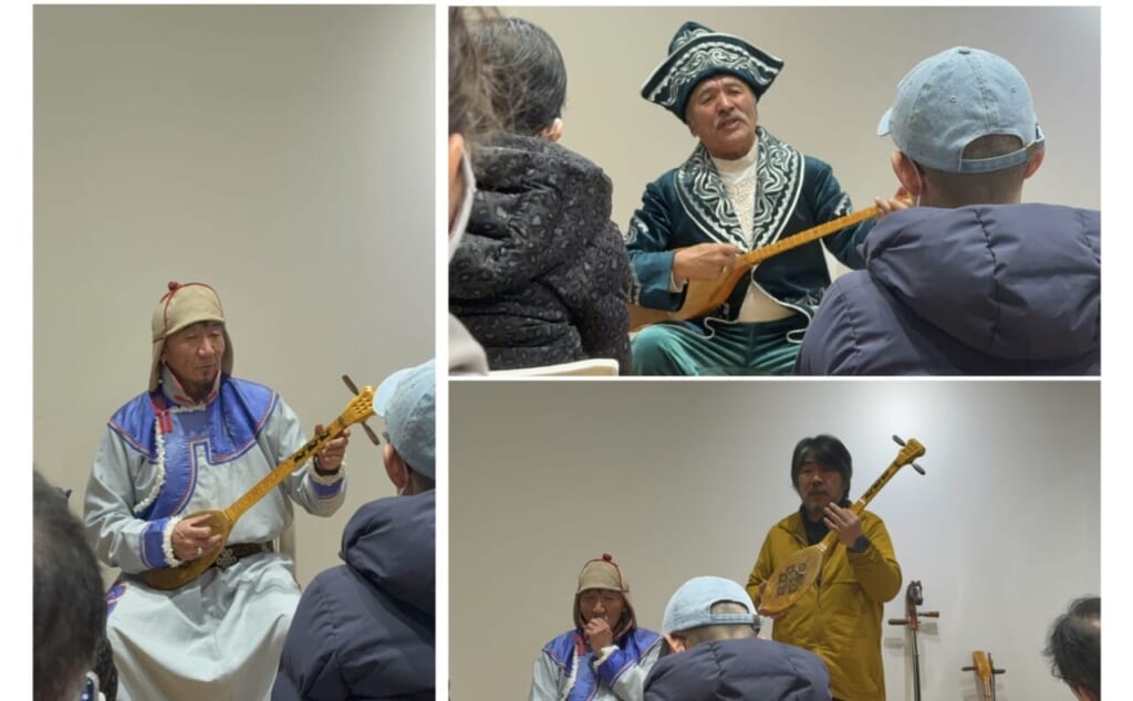 左：B.ボルドさん（英雄叙事詩語り部）
右上：L.クグルシンさん（ドンブラ奏者）
右下：西村さんによる解説