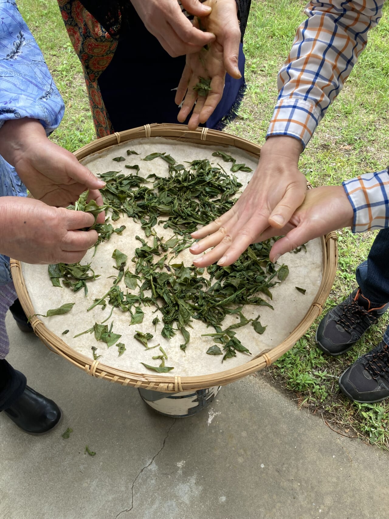 竹で編んだザルに和紙を何枚も重ねて貼る